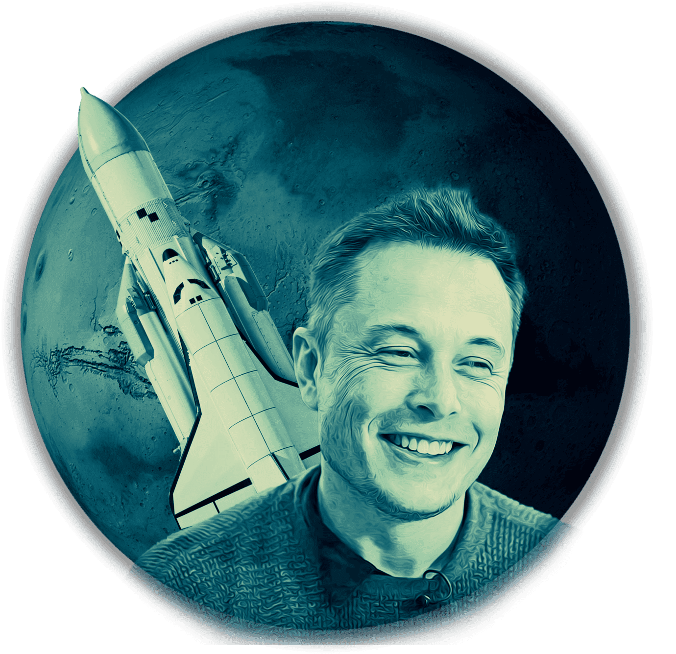 elon musk with mars and a rocket behind him in a blue filter